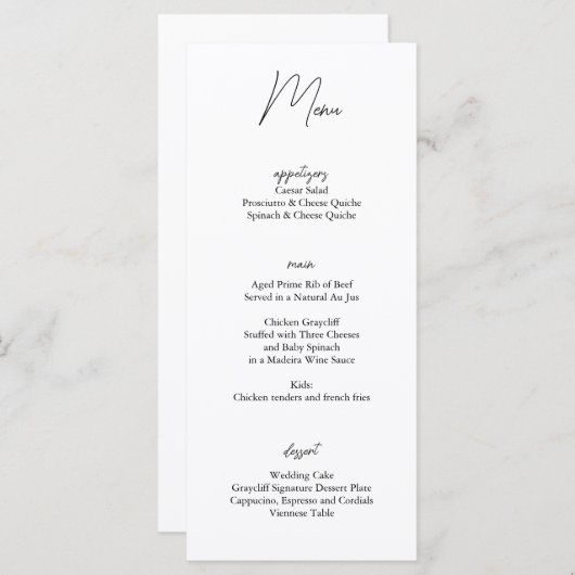 Minimalistische Zwart Wit Wedding Menu Kaart (Voorkant / Achterkant)