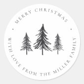 Minimalistische zwart-witte kerstdennenboom ronde sticker (Voorkant)