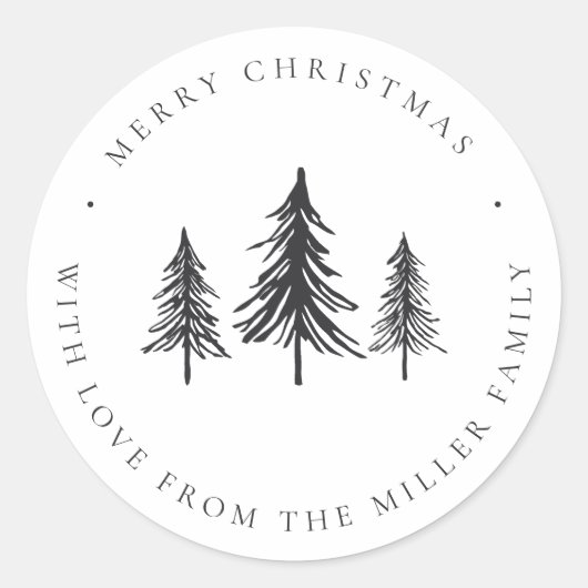 Minimalistische zwart-witte kerstdennenboom ronde sticker (Voorkant)