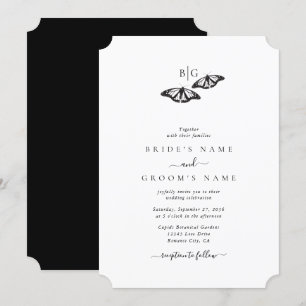 Minimalistische zwart witte vlinder monogram bruil kaart