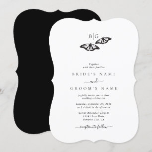 Minimalistische zwart witte vlinder monogram bruil kaart