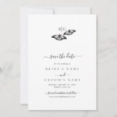 Minimalistische zwart witte vlinder monogram bruil save the date (Voorkant)