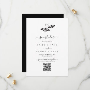 Minimalistische zwart witte vlinder monogram bruil save the date