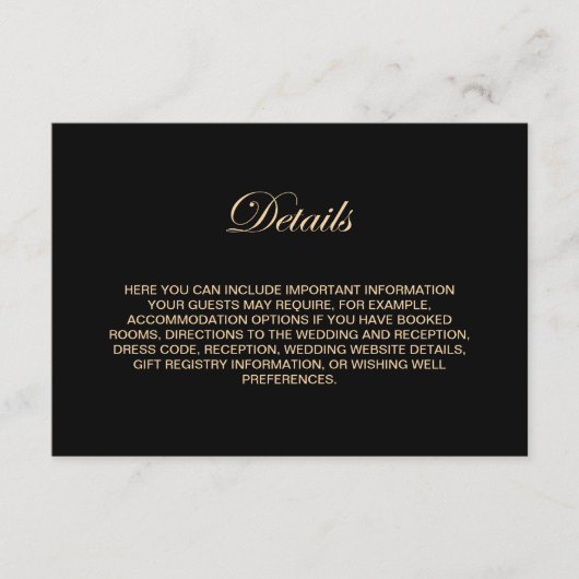 Minimalistische zwarte bruiloft details informatiekaartje (Voorkant)