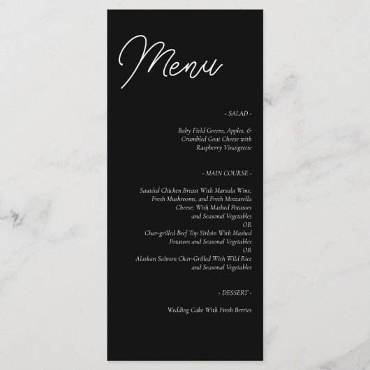 Minimalistische zwarte bruiloft menu (Voorkant)
