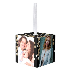 minimalistische zwarte champagne gouden confetti kubus ornament