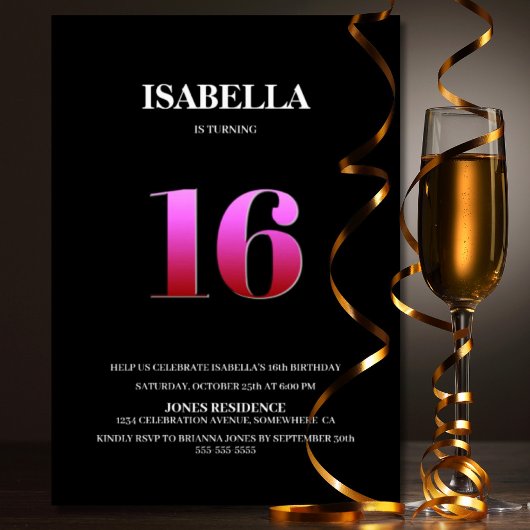 Minimalistische zwarte en roze 16e verjaardag kaart