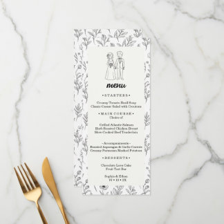 Minimalistische Zwarte en Witte Bloemrijke Lijnkun Menu