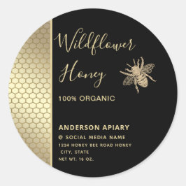 Minimalistische zwarte gouden honingraat honingbij ronde sticker