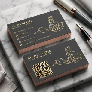 Minimalistische Zwarte Gouden Moderne QR Code Lijn Visitekaartje