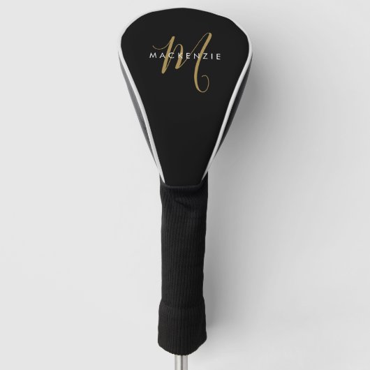 Minimalistische Zwarte Gouden Script Monogram Golfheadcover (Voorkant)