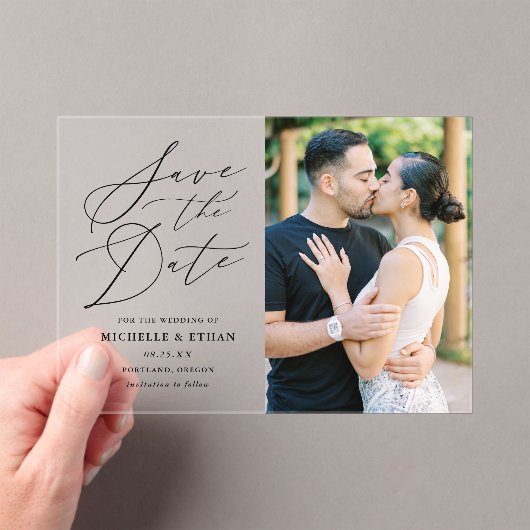 Minimalistische zwarte kalligrafie bruiloft Save t Acryl Uitnodigingen (Insitu (Draagbaar))