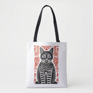 Minimalistische Zwarte Kat Folk Art Ontwerp Draagtas