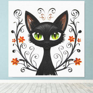 Minimalistische Zwarte Kat Groene Ogen Filigraan O Canvas Afdruk