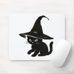 Minimalistische zwarte kat met heksenhoed ontwerp muismat
