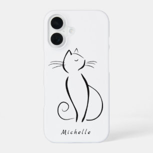 Minimalistische zwarte kat op witte achtergrond Vo iPhone 16 Hoesje