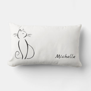 Minimalistische zwarte kat op witte naam toevoegen kussen