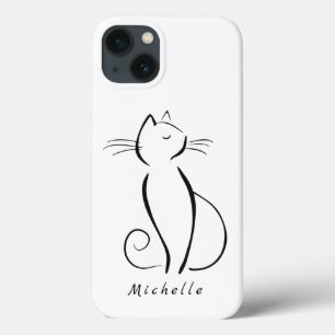Minimalistische zwarte kat op witte plakclip met n iPhone 13 hoesje