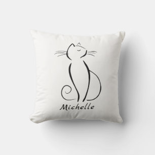 Minimalistische zwarte kat op witte voeg naam toe kussen