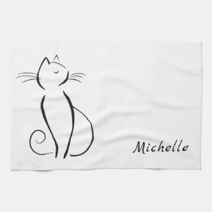 Minimalistische zwarte kat op witte voeg naam toe theedoek