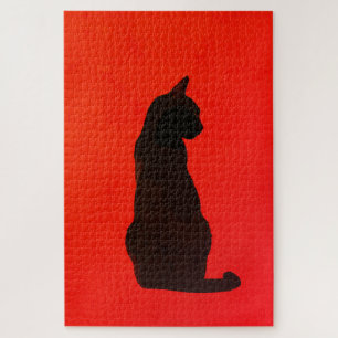Minimalistische Zwarte Kat Silhouet Moderne Rode K Legpuzzel