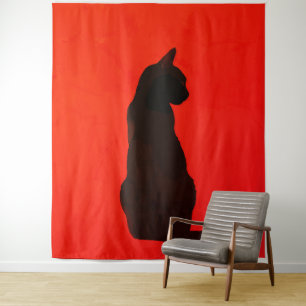Minimalistische Zwarte Kat Silhouet Moderne Rode K Wandkleed