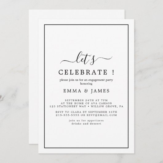 Minimalistische zwarte "Laten we het vieren" uitno Kaart (Voorkant / Achterkant)