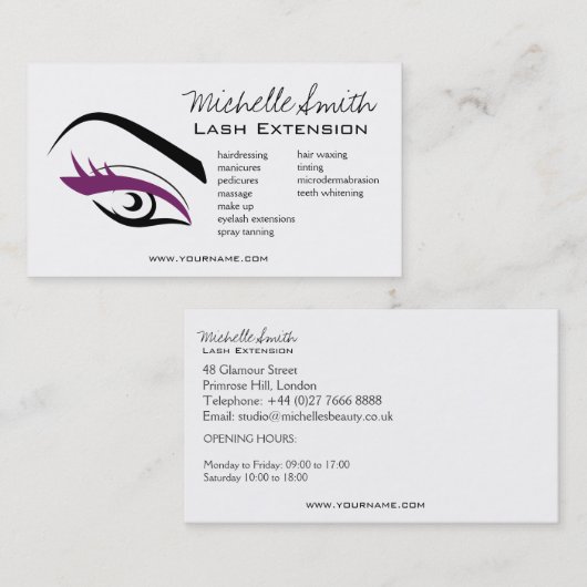 Minimalistische zwarte paarse wimper extensie make visitekaartje (Voorkant / Achterkant)