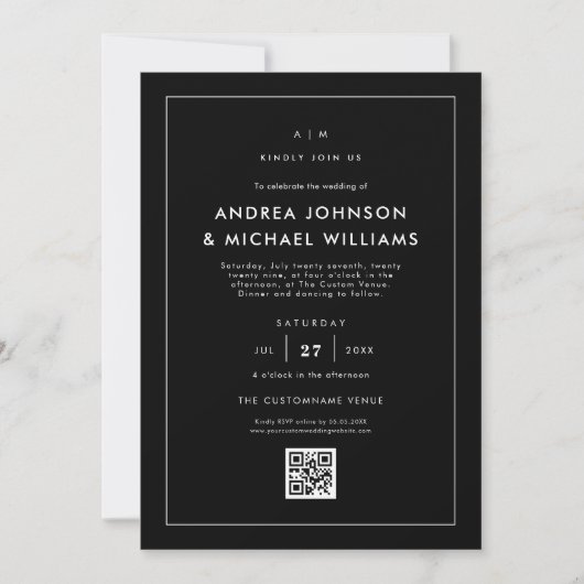 Minimalistische zwarte QR-code bruiloft Kaart (Voorkant)