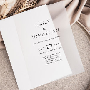 Minimalistische zwarte tekst overlay bruiloft vellum uitnodigingen
