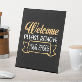 Minimalistische Zwarte Welkom U Wilt Uw Schoenen U Reclamebord Met Voetstuk