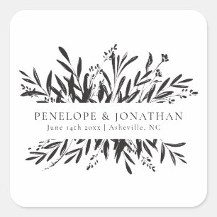 Minimalistische zwarte witte botanische huwelijksg vierkante sticker