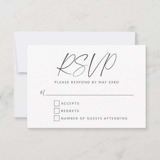 Minimalistische zwarte witte moderne script letter RSVP kaartje (Voorkant)