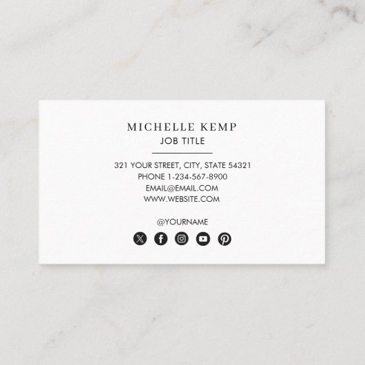 Minimalistische zwarte witte monogram sociale medi visitekaartje (Achterkant)