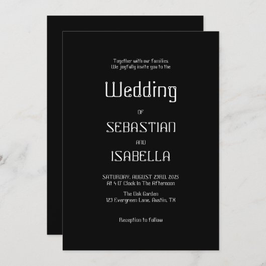 Minimalistische zwarte & witte trouwuitnodiging kaart (Voorkant / Achterkant)