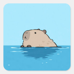 Minimalistische Zwem Capybara in Blauwe Water Vierkante Sticker