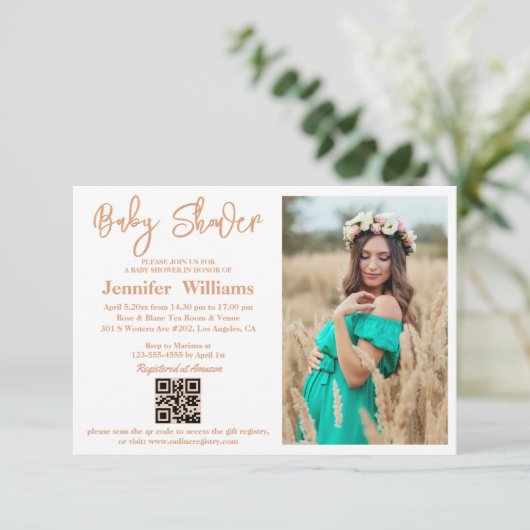 Minimum Script baby shower Foto QR-code Kaart (Staand voorkant)