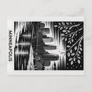 Minneapolis Silhouet Zwart en Wit Houtsnede Winter Briefkaart