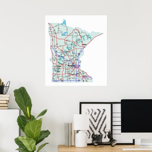 Minnesota Interstate Map Afdrukken Poster (Thuiskantoor)