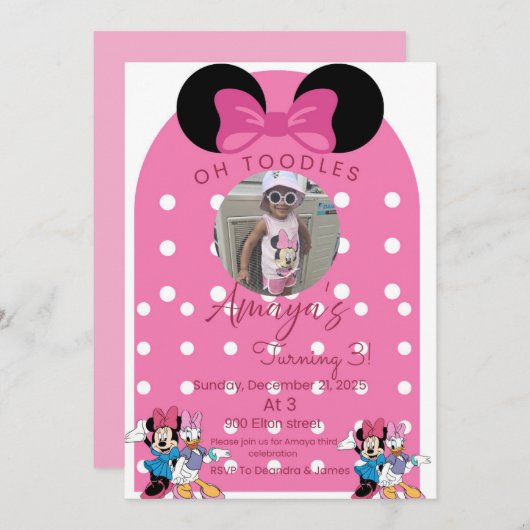 Minnie Mouse birthday invitations theme (Devant / Derrière)