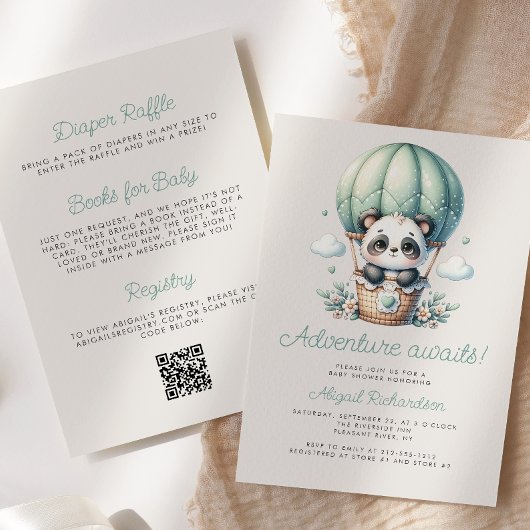 Minnie Panda Mintgroene Ballon QR Code Baby Shower Kaart