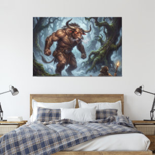 Minotaur Ontmoeting in het Nevelige Labyrint Canvas Afdruk