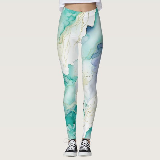 Mint Aqua Blauw Inkt Marmer Leggings (Voorkant)