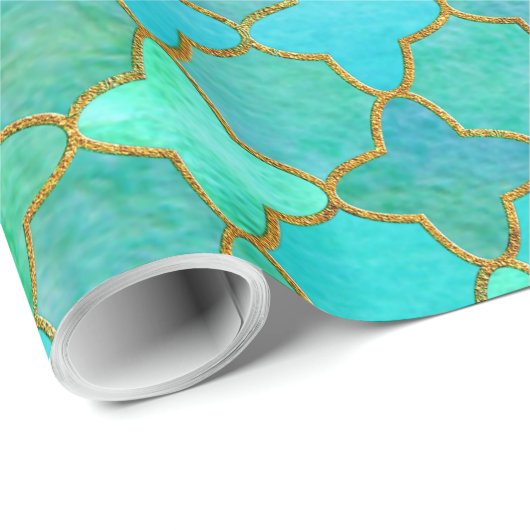 Mint Aqua Blauwgroen Gold Oriental Moroccan Tile Cadeaupapier (Rol Hoek)