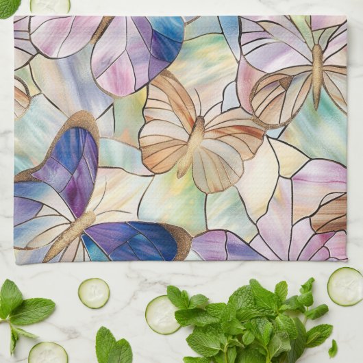 Mint Aqua Blue Paarse Vlinders Theedoek (Gevouwen)