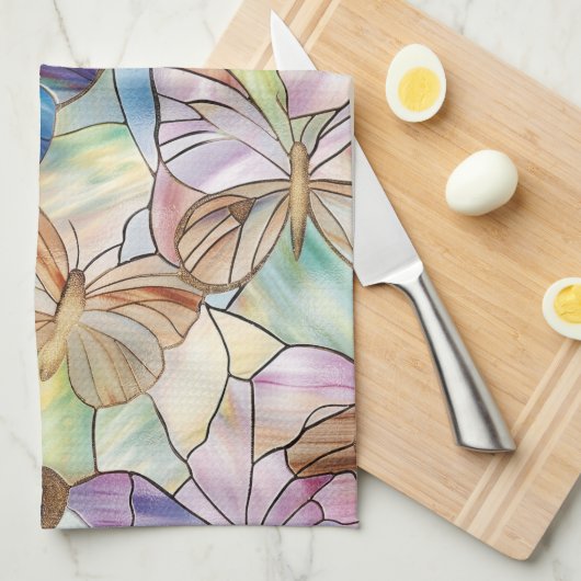 Mint Aqua Blue Paarse Vlinders Theedoek (Quarter Fold)