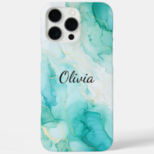 Mint Aqua Pearl Gold Marble iPhone 16 Pro Max Hoesje