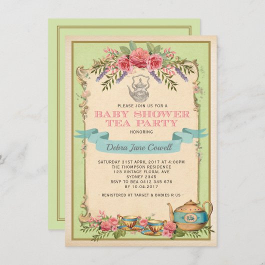 Mint Baby Tea Party Bloementheepot Uitnodigen Kaart (Voorkant / Achterkant)