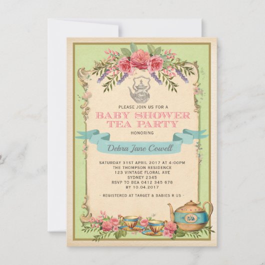 Mint  Baby Tea Party Bloementheepot Uitnodigen Kaart (Voorkant)