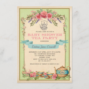 Mint  Baby Tea Party Bloementheepot Uitnodigen Kaart